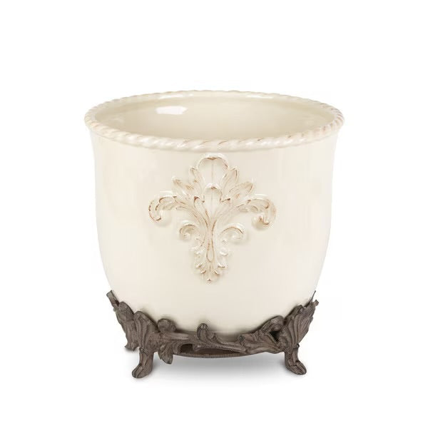 Acanthus stoneware planter with metal base