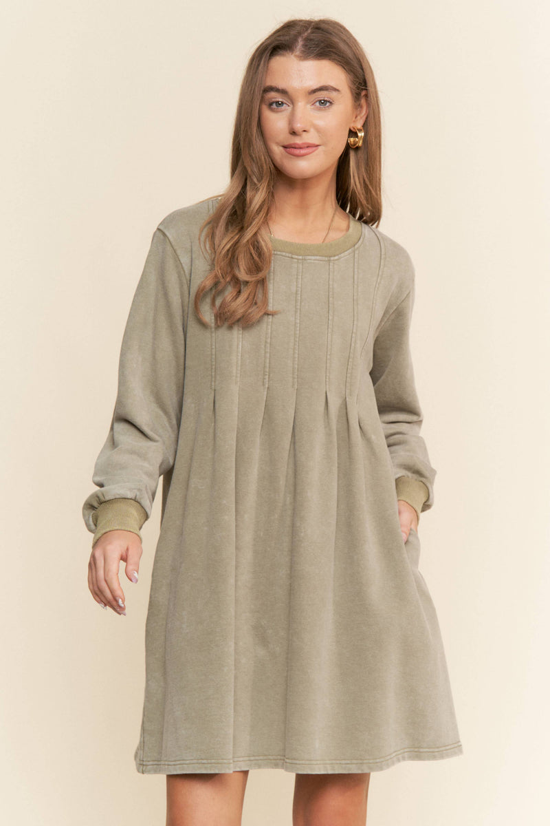 Pleated Round Neck Long Sleeve Sweater Dress