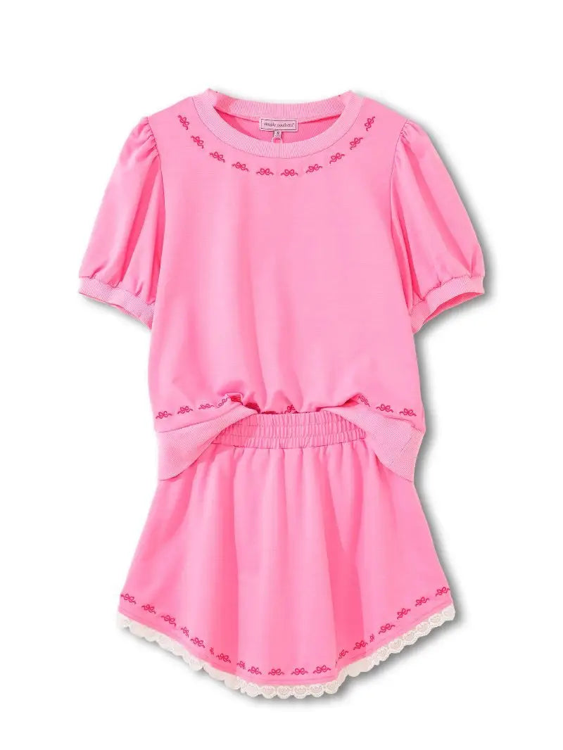Pink bow embroidered skort and top