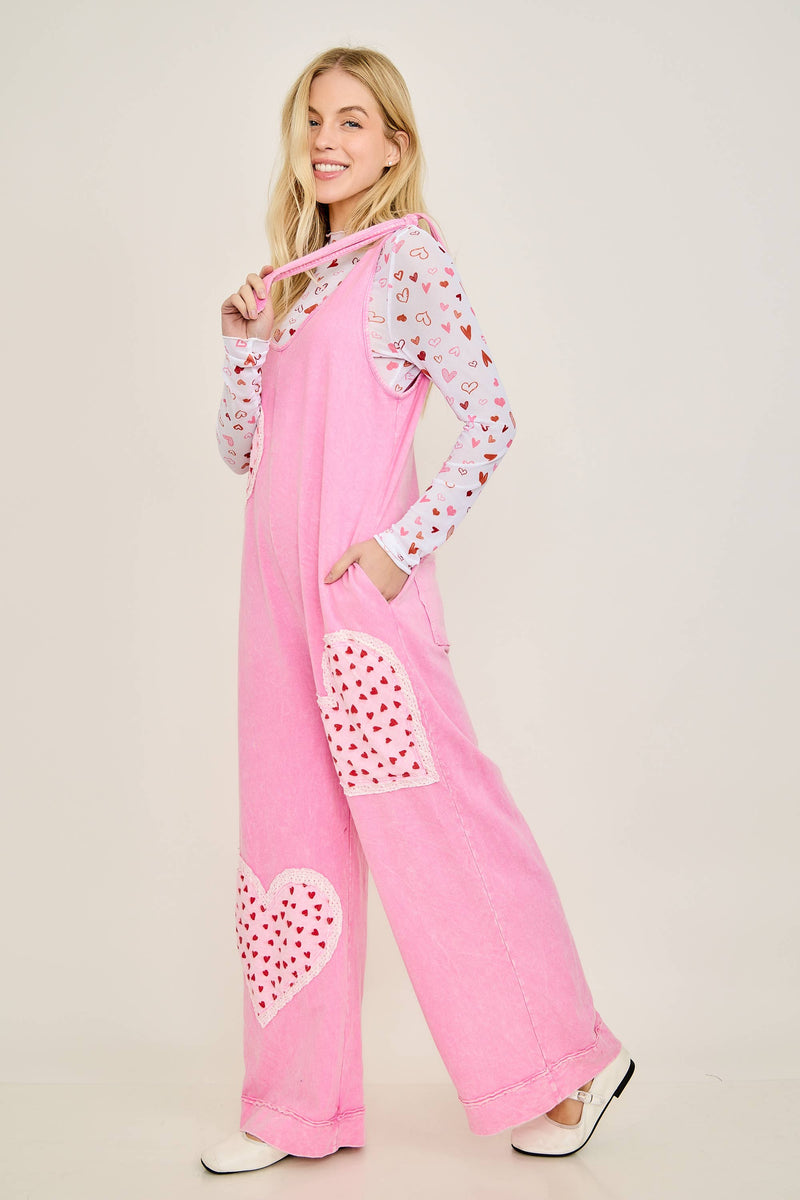 Mineral Washed Valentines Heart patched Jumpsuits