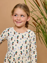 Girls Mallard Marsh Duck Knit Long Sleeve Twirl Dress