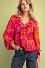 Hot pink plaid cotton linen top