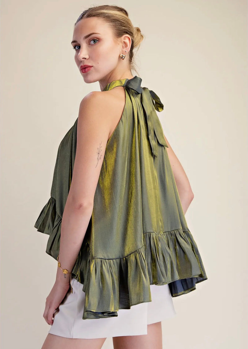 Ruffle halter with bow back neck tie
