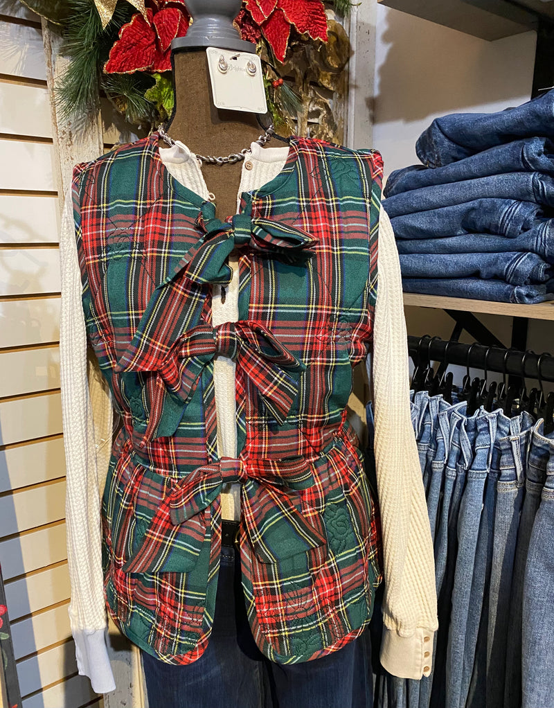 Plaid Green tie front vest