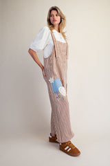 Striped twill overall with patch detail