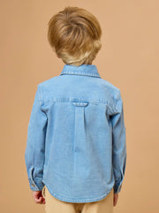 Boys Light Wash Stretch Denim Long Sleeve Button Down Shirt