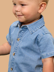 Baby Boys Light Wash Stretch Denim Short Sleeve Button-up Romper