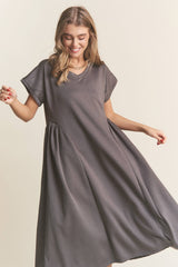 Casual V Neck Pleated Design Midi Dress