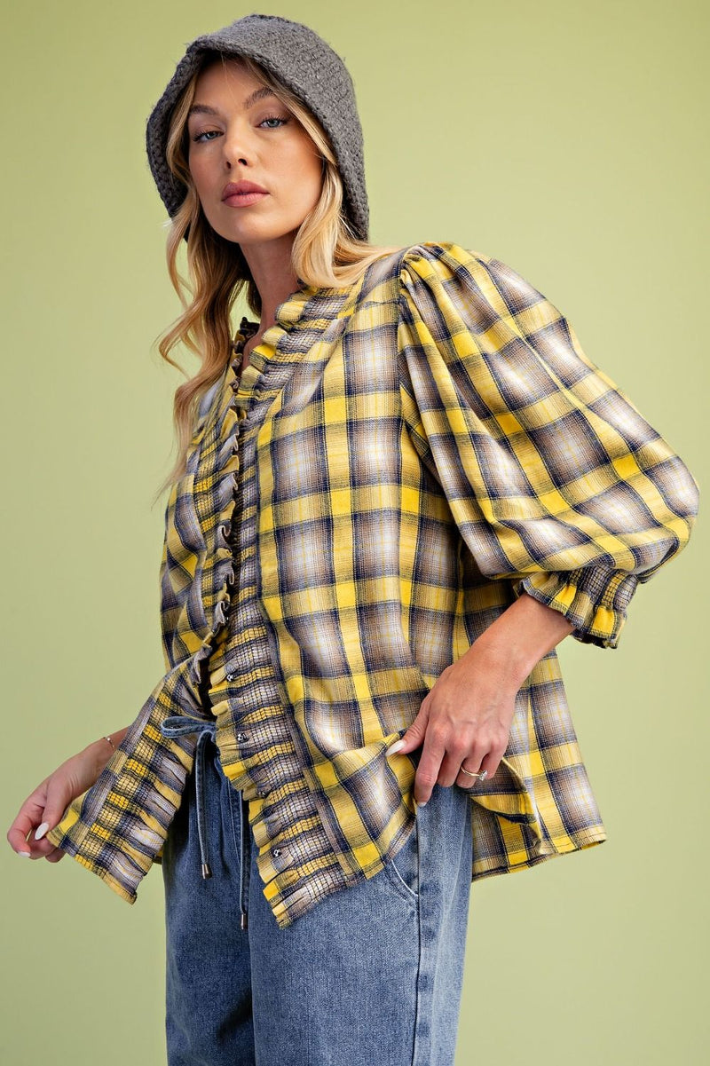 Yellow plaid ruffle down top