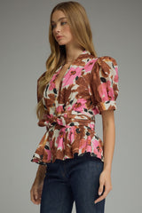Pink and brown floral tie front shirt