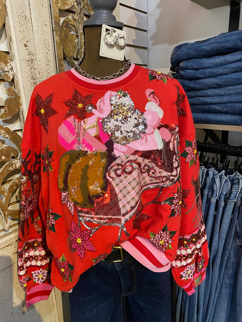 QOS red and pink vintage santa sweatshirt