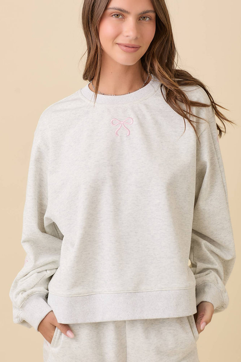 Crewneck Long Sleeve Top With Ribbon Bow Short set