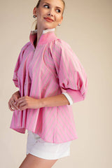 Mock Neck Band Puff Sleeve Blouse