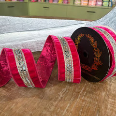 2.5X10yds Fushia velvet jeweled center trim