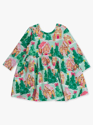 Girls Pink Jolly Gingerbread Knit Long Sleeve Twirl Dress