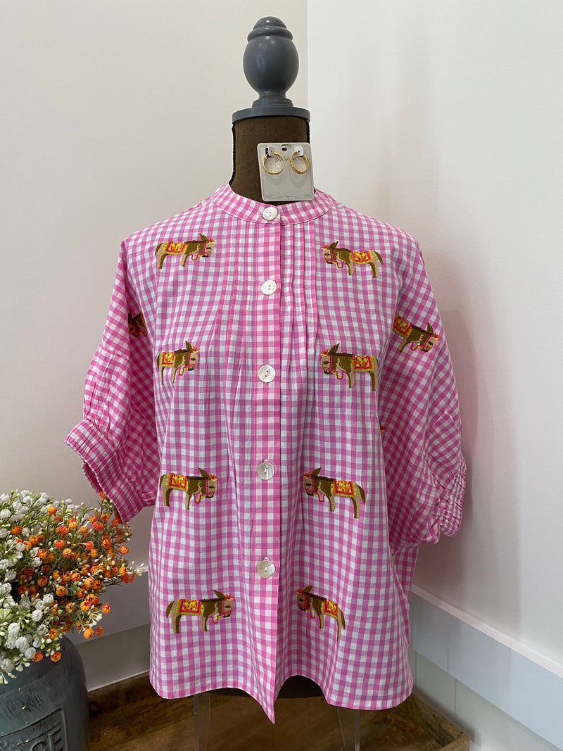 Pink check donkey top
