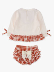 Baby Girls Pumpkin Bow Ivory Applique Ruffle Bow Sweatshirt Swing Top & Ruffle Bloomer Set