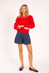 Pearl Accent Cable Knit Sweater