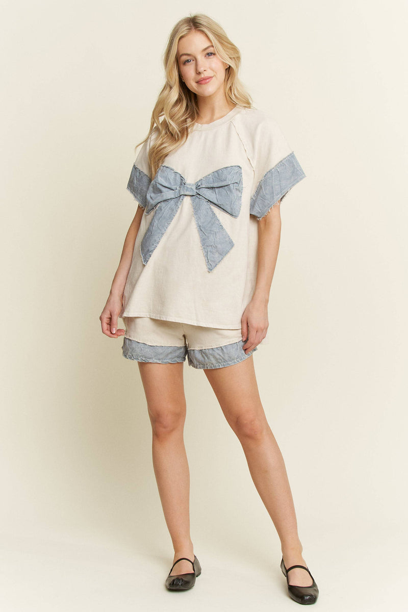 Mineral Washed Chambray Shorts With Matching Bow top