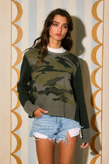 Color-Blocked Camo Print Sweater