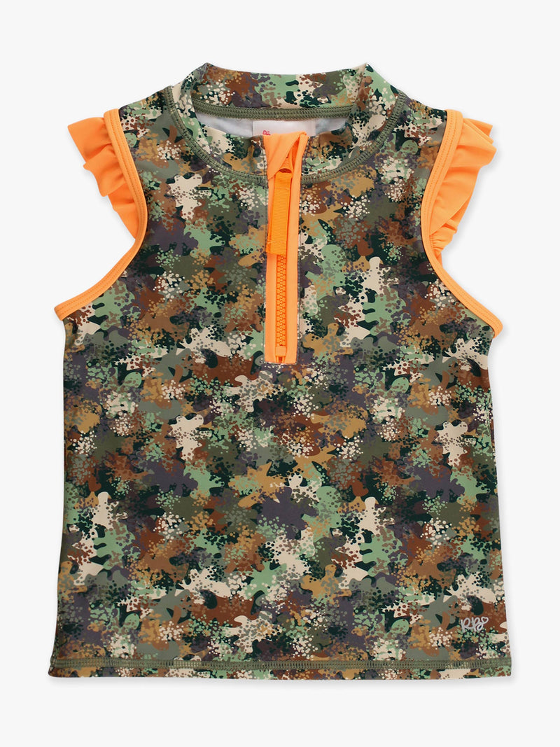 Girls Classic Camo Sleeveless Zip Ruffle Sleeve Active Top