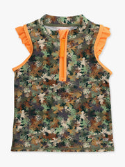 Girls Classic Camo Sleeveless Zip Ruffle Sleeve Active Top