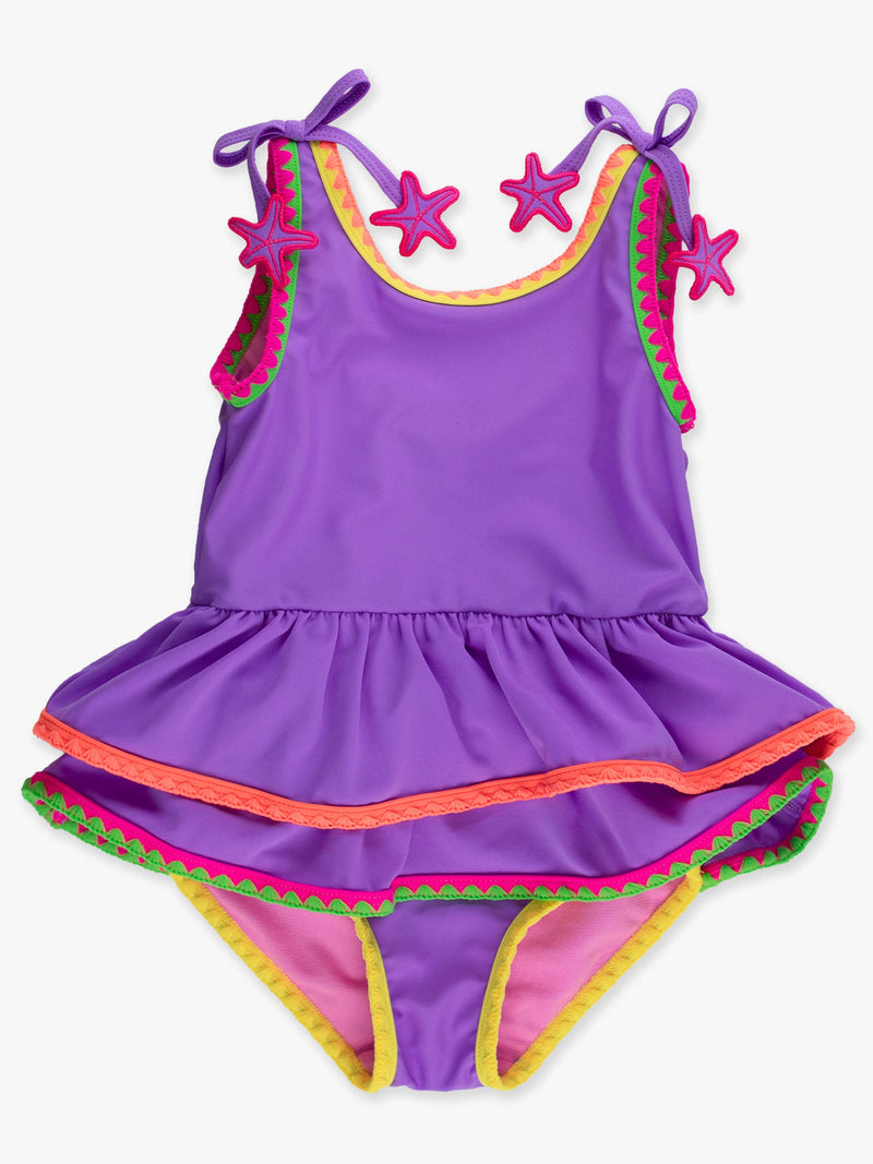 Girls Neon Purple Crochet Detail Peplum One Piece Swimsuit