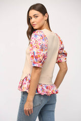 CONTRAST WOVEN SLV & HEM CREW NECK SWEATER