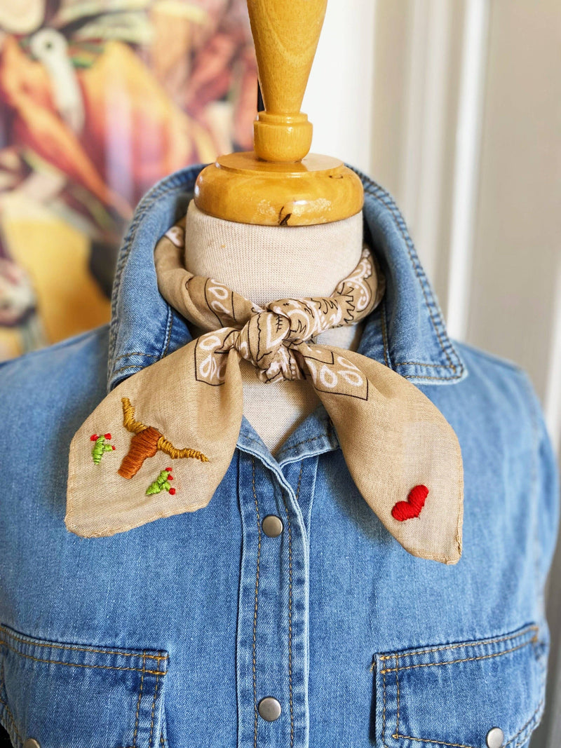 Embroidered Cattle Call Bandana: Tan