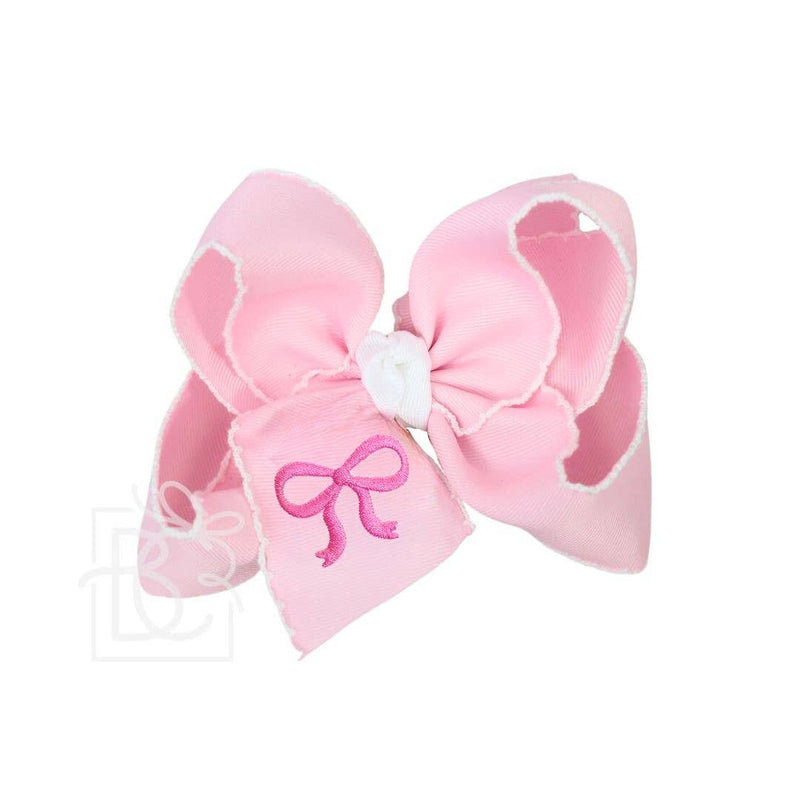 EMBROIDERED BOW CROCHET EDGE HAIR BOW ON ALLIGATOR CLIP : Light Pink w/ White Crochet Edge & Hot Pink Embroidered Bow / 4.5" Large