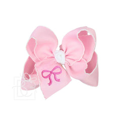 EMBROIDERED BOW CROCHET EDGE HAIR BOW ON ALLIGATOR CLIP : Light Pink w/ White Crochet Edge & Hot Pink Embroidered Bow / 4.5" Large