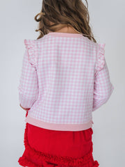 Girls Dear Santa Pink Gingham Applique Flutter Sweatshirt