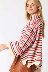 Poly Multi Color Stripe Loose Fit Raw Edge Sweater