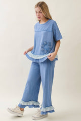 Mineral Washed Flower patched Frilled Ruffle top and pant Set