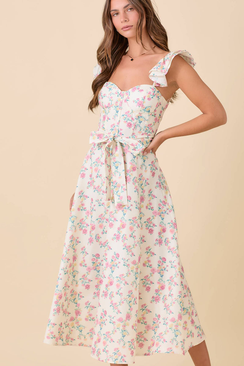 Floral Printed Ruffle Sleeve Midi Dress