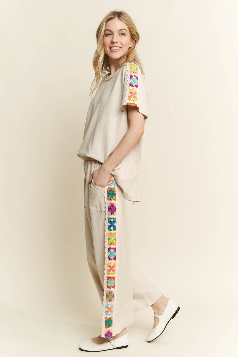 Mineral Washed Real Crochet patch side trim Pants With matching top