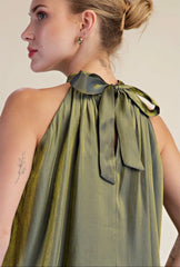 Ruffle halter with bow back neck tie