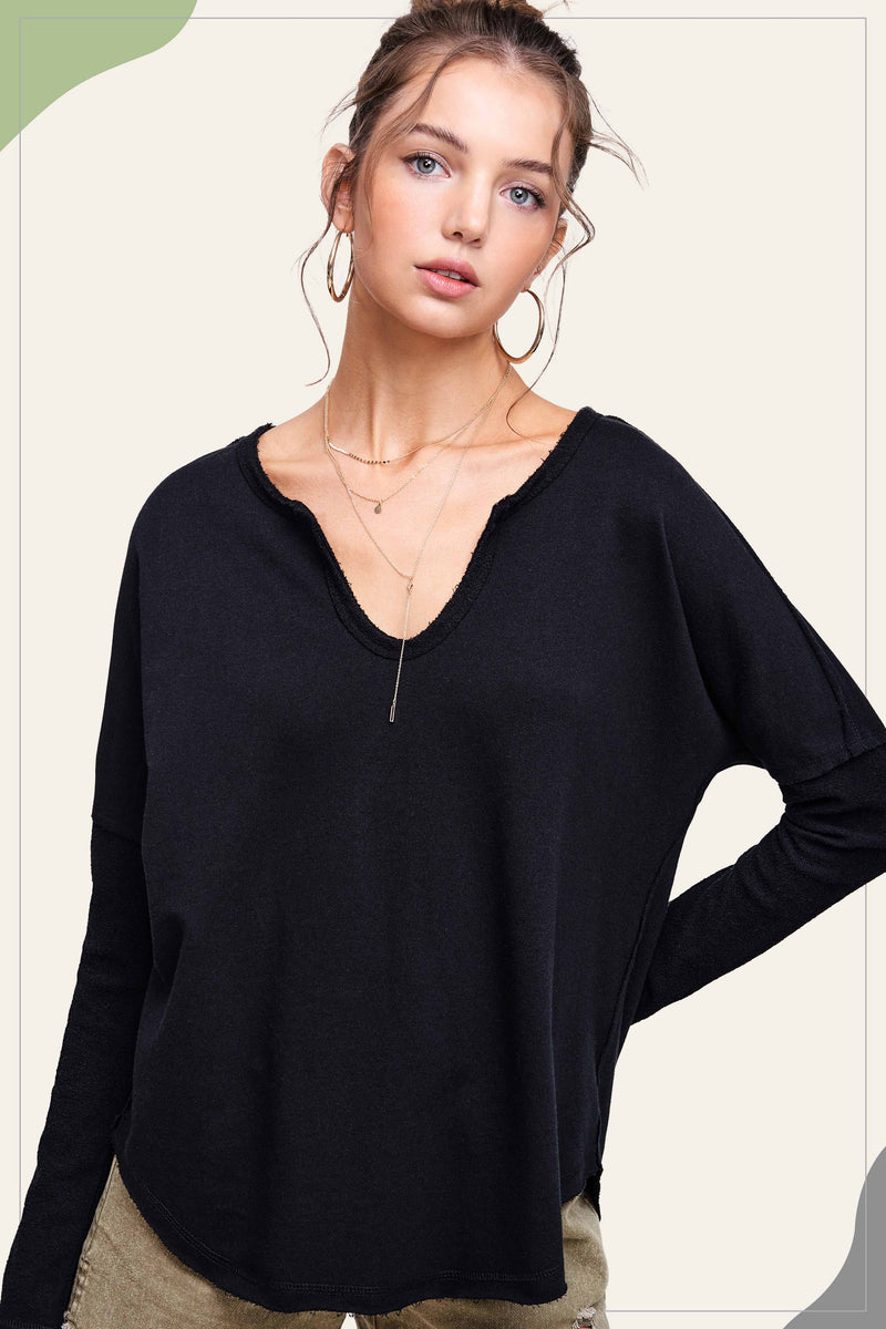 Textured Fabric Contrast Terry Long Sleeve Top