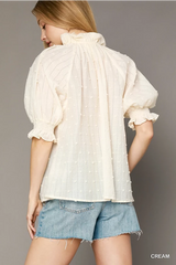 Swiss Dot ruffled collar top