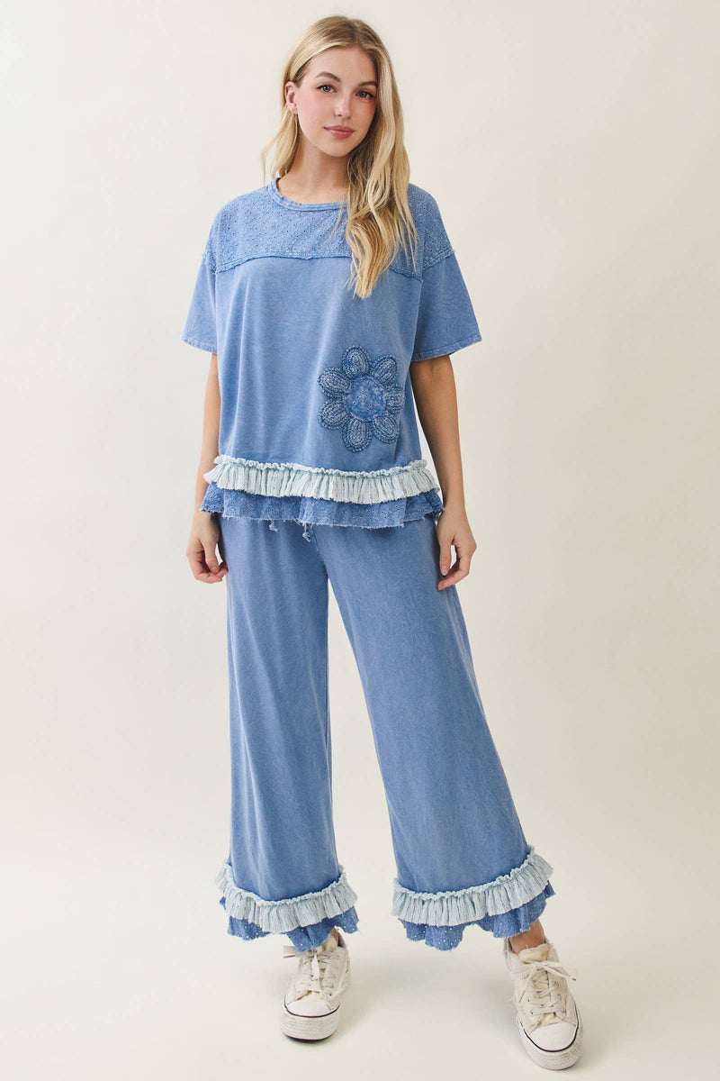 Mineral Washed Flower patched Frilled Ruffle top and pant Set