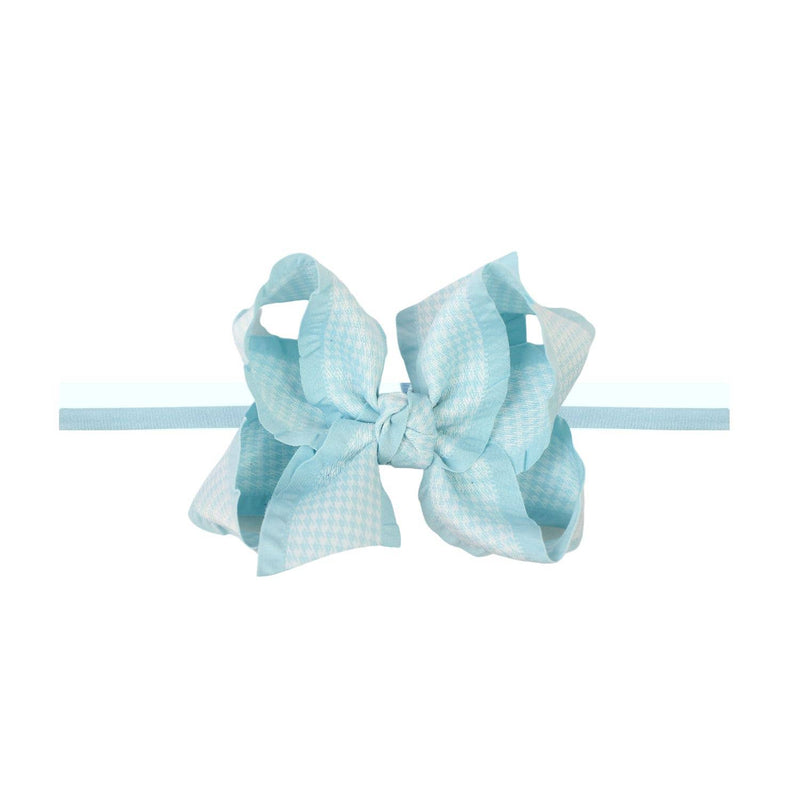 1/4" PANTYHOSE HEADBAND W/ DOUBLE RUFFLE HOUNDSTOOTH BOW: Light Blue / 3.5" Medium