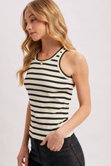 STRIPE RIBBED BOUND CREW NECK TANK TOP: Black
