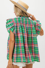 Plaid Check Flutter Button Up With Smocked Yoke