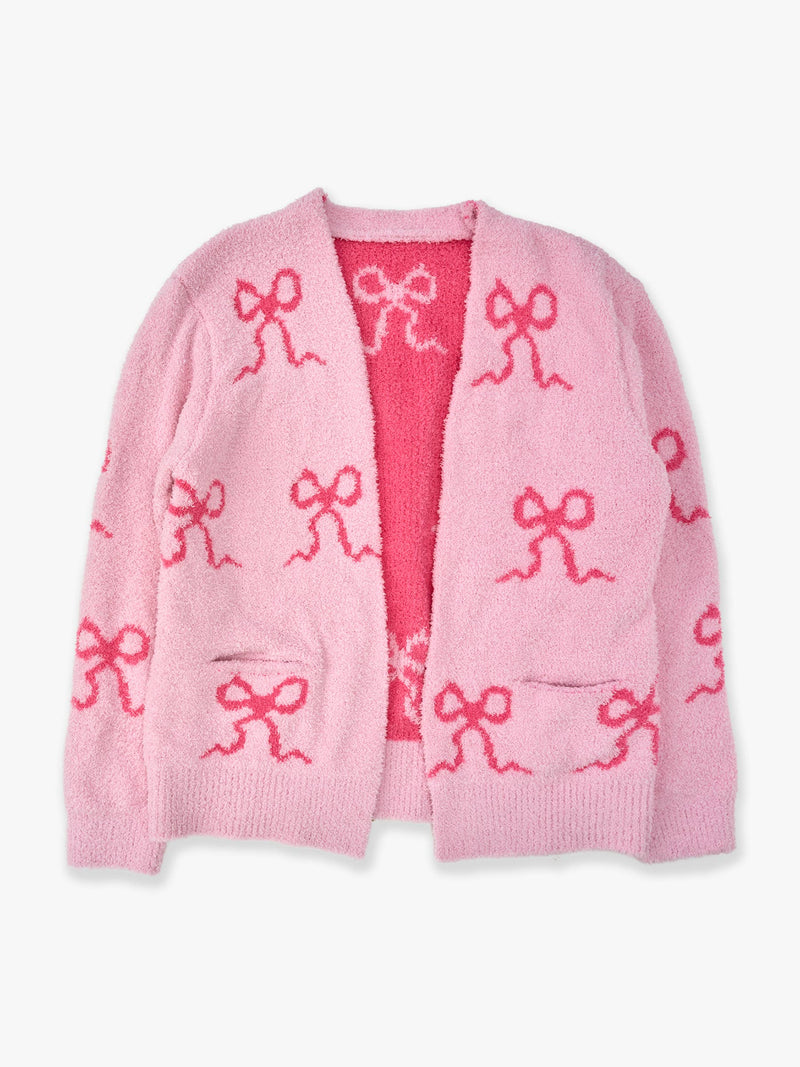 Women's Hot Pink Bows Cozy Sweater Knit Open Cardigan