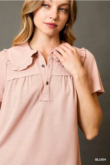 Waffled ruffle collard top