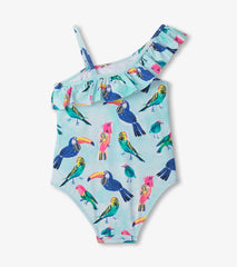 Tropical birds ruffle trim swimsuit