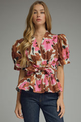 Pink and brown floral tie front shirt