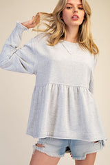 Terry washed LS ruffled detail top