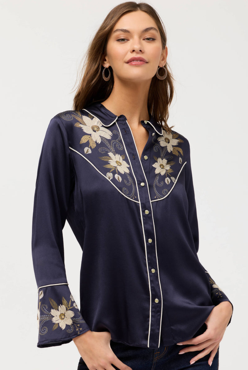 Western Flutter sleeve silk blouse- Corinthe