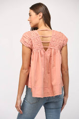 SHIRRED DETAIL SIDE TIE CAP SLV TOP-CORAL PINK